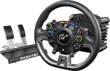 Fanatec Offiziell Lizenziertes Gran Turismo DD Pro PlayStation Sim Racing Lenkrad, Basis und Pedale – Lenkraddesign Polyphony Digital, 5 Nm FluxBarrier-Direct-Drive, Zwei-Pedal-Set für PC, PS5, PS4