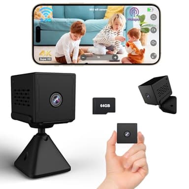 Bextgoo Mini Kamera, 4K FHD Überwachungskamera Innen mit 64GB TF-Karte, WLAN/AP Hotspot/Ohne WLAN Kamera, 2000mAh groß Akku Lange Standby, Nachtsicht, Kamera Überwachung Innen/Außenbereich(Schwarz)