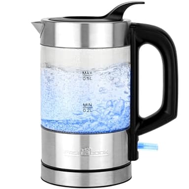 ProfiCook Wasserkocher Edelstahl beleuchtet, 0,5 Liter Mini Wasserkocher mit blauer Beleuchtung, Teekocher Reisewasserkocher klein/Wasserkocher klein ideal für Reise Babynahrung, PC-WKS 1228 G