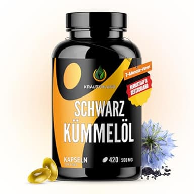 Kräuterland Schwarzkümmelöl Kapseln 420 Stück, hochdosiert (1000mg pro Tagesdosis), 100% Nigella Sativa, Omega Fettsäuren, ohne Zusatzstoffe, hoher Thymochinon, Deutsche Premium Qualität