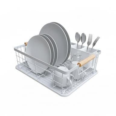 Amig - Geschirrabtropfgestell Graz - 42 x 31,5 x 15 cm - Stahl mit Holzgriff - Farbe Weiß - Abtropfgestell mit Abtropfschale und Besteckhalter - Kapaz