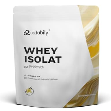 edubily nutrition® Whey Protein Isolat • Laktosefrei • Sehr gut lösliches Eiweißpulver ohne Kohlenhydrate & Zucker • Aus irischer Weidehaltung (750 g, Vanille mit Stevia)