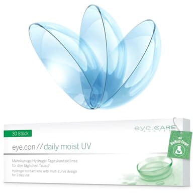 Eye.Con Daily Moist UV weiche Tageslinsen aus Hydrogel – 30 dailies Contact Lenses mit hoher Wasserbindung für empfindliche Augen. Mehrkurvige Kontaktlinsen. BC 8.6mm, DIA 14.3mm, -3.00 Dioptrien.