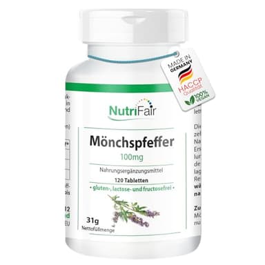 Mönchspfeffer 100mg - mit 6mg Zink pro Tagesdosis - 120 Tabletten - Hochdosiert - 100% Vegan – Deutsche Produktion & Laborprüfung - NutriFair | Premium & Fair