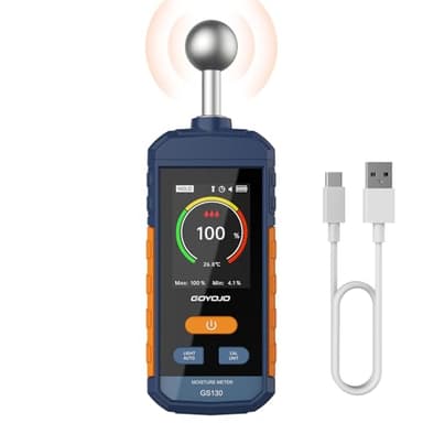 GOYOJO Wiederaufladbar Feuchtigkeitsmessgerät Wand, Feuchtigkeitsmesser mit 5-40mm Kugelsensor, Zerstörungsfreie Scans für Holz/Wände/Baustellen, Einstellbare Alarme & Temperaturanzeige