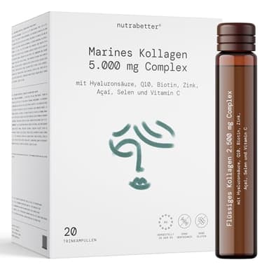 Kollagen Trinkampullen 5.000 mg AQUACOL® – Flüssiges Kollagen hochdosiert + Hyaluronsäure 200 mg + Q10 – Für Haut, Gelenke, Haare & Nägel – Mit Vitamin C, Biotin, Selen, Zink & Açai - nutrabetter®