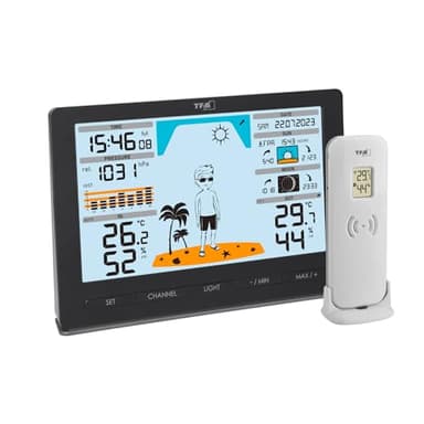 TFA Dostmann Funk Wetterstation METEO JACK, 35.1097.01, mit Außensensor, inkl Wettervorhersage mit Luftdruck, Mondphase, Sonnenaufgang- & -untergang, Funkuhr, Amazon Exklusiv, schwarz