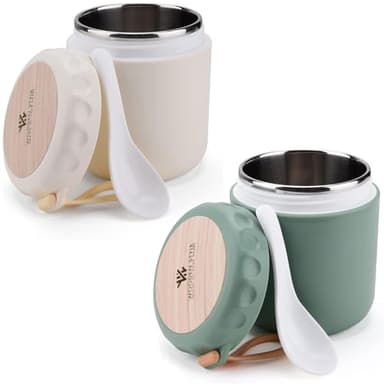 ERBO 2er Set Müslibecher to go, Edelstahl Joghurtbecher to go, Auslaufsicher Porridge Becher 400ml, Müsli to go Becher für Unterwegs Schule Picknick Reisen (Grün + Beige)