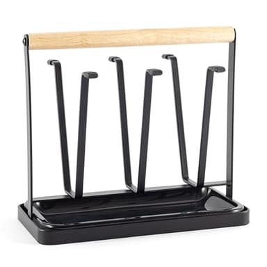 Hanseküche Abtropfgestell Schwarz Matt – Hochwertige Abtropfschale für Geschirr mit Griffen aus Holz – Geschirrständer aus Edelstahl für die Spüle, Abtropfgitter (Flaschenhalter Holz)