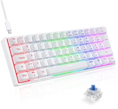 TECURS Gaming Tastatur Mechanische Tastatur 60% Mini QWERTZ Blaue Schalter, Gamer Keyboard Kabelgebunden 61 Tasten für PC Windows/PS5/PS4, Weiß