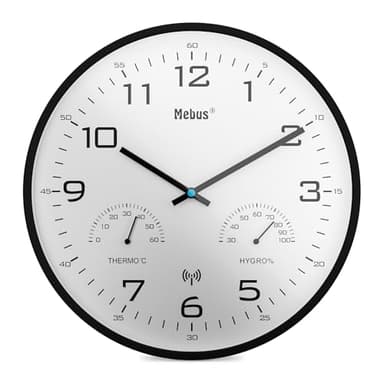 Mebus moderne Funk-Wanduhr mit Temperaturanzeige und Luftfeuchtigkeit, 30 cm, Funk-Uhr, Wohnzimmer, Küchenuhr / Modell: 52840 / Farbe: Schwarz