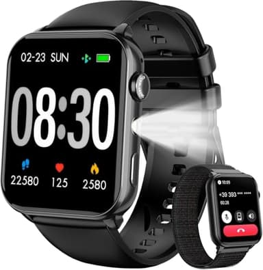 IOWODO Smartwatch Herren Damen 2025 | Bluetooth Anrufe & LED-Leuchte | SpO2 & Schlafüberwachung | 350mAh (6+ Tage) | 2 Armbänder (Silicone/Nylon) | Fitnessuhr für Android & iOS