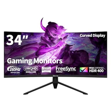 ZovvJee 34 Zoll Curved Gaming Monitor UWQHD (3440x1440) | 165Hz, 1ms MPRT, HDR400, 1500R Krümmung | 99% sRGB, FreeSync Premium | HDMI/DP, VESA | Ultrawide PC Monitor für immersives Gaming Erlebnis