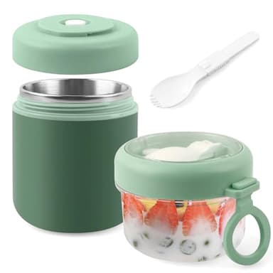 Acasimo Edelstahl Müslibecher to Go, 2-in-1 Joghurtbecher to Go Mit Löffel, 530ml+330ml Tragbarer Auslaufsicherer Müslibecher Geeignet für Gefrierschrank, Spülmaschine, Erwachsene(Grün)
