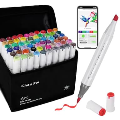 Chen Rui 60 Farben Alkohol Marker Pinselspitze mit App, Doppelspitze (Pinsel & Meißel) Alcohol Marker für Erwachsene und Kinder, Alkoholmarker für Malen, Skizzieren und Zeichnen