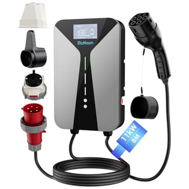 BiaHawn Wallbox 11kW 3-Phasen mit 4,3" Display,Typ 2 LadeKabel 8m CEE 16A,für E-Auto/PHEV mit FI-Schutz,Kabelhalter, IP65,Privathaushalt, Wohnanlagen, Gewerbe