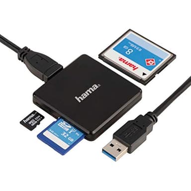 Hama Kartenleser USB 3.0 (Kartenlesegerät für SD, SDHC, SDXC, microSD, microSDHC, microSDXC, CF Speicherkarte, Card Reader mit USB Kabel für Windows PC, Mac, Notebook, Laptop, TV) schwarz