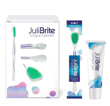 Julibrite Zungenpflege-Set | 1 Zungengel (50 ml) + 1 Zungenbürste | unterstützend gegen Mundgeruch (Halitosis) | Weiße Zunge | Frischer Atem | Zungenschaber | Zungenschrubber | Zungenreiniger