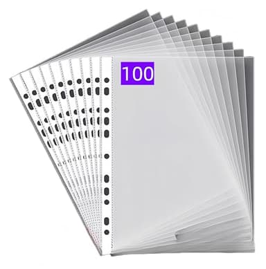 PUTOAHAO 100 Stück Klarsichthüllen A4 Glasklar,DINA4 Prospekthüllen aus PP(0.06 mm,60 My,60µ,60 micron),11 Loch Perforationen Klarsichtfolien A4 für Broschüren,Ordner,Dokumente (Weiß Seite,6C)