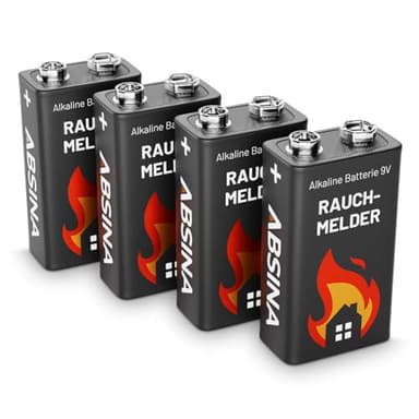 9V Blockbatterie Rauchmelder - 4er Pack Alkaline 9V Batterie langlebig & auslaufsicher - 9 Volt Blockbatterie für Feuermelder, Bewegungsmelder & Rauchwarnmelder - Rauchmelder Batterie ABSINA
