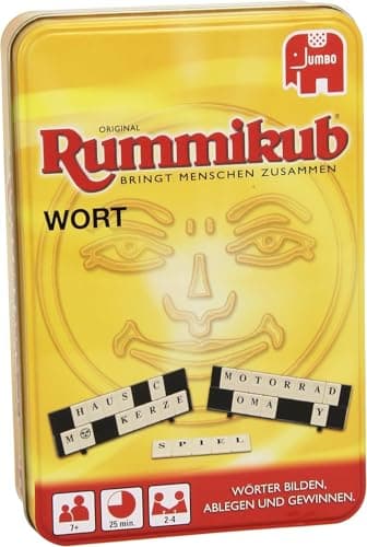 Jumbo Spiele Original Rummikub Wort in Metalldose - Das kultige Gesellschaftsspiel in der kompakten Dose - Für Erwachsene und Kinder ab 7 Jahren Mehrfarbig