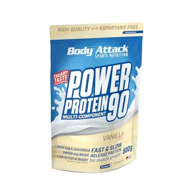 Body Attack Power Protein 90 Vanilla, 500 g - Mehrkomponenten Protein Pulver, Made in Germany - mit BCAA, Vitaminen & L-Carnitin - Protein Shake extra cremig, gute Löslichkeit