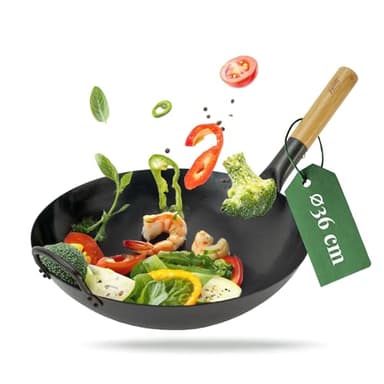 pasoli Wok für Gasherd und Grill inkl. gratis Rezepte eBook - voreingebrannt - Asiapfanne mit rundem Boden - Carbonstahl Bratwok - handgehämmerte Wokpfanne - Durchmesser 36 cm