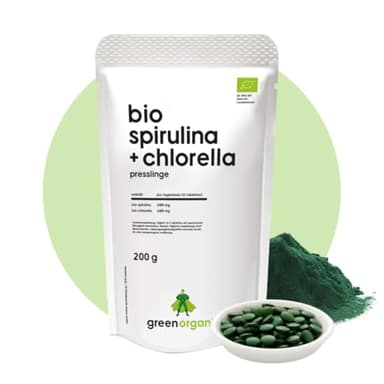 Bio Spirulina + Chlorella - 400 Tabletten 200 g - 500 mg pro Tablette - Plantensis und Vulgaris Algen - Hochdosiert - Presslinge - Kontrolliert biologischer Anbau (200 g, Spirulina + Chlorella)