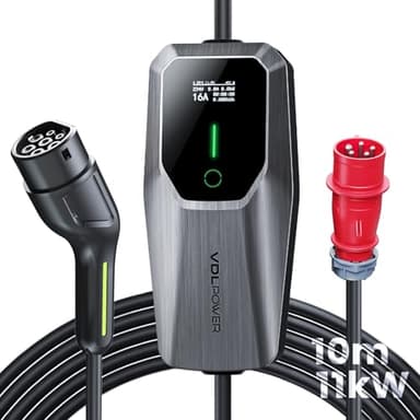 VDLPOWEREU Typ 2 Ladekabel 11kW, EV Ladegerät Dreiphasig CEE 16A | 10M Mobile Wallbox Ladestation Einstellbarer Strom und Einstellung Startzeit für Allen Elektrofahrzeugen EV PHEV IEC 62196-2 Stecke