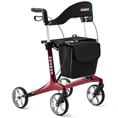 Carbon Rollator Ultraleicht Klappbar: Rollator Faltbar und Leicht mit Sitz Wohnungsrollator Faltbarer für Senioren -Rollatoren für Kofferraum Reise und Flug (Rot)