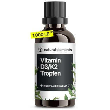 natural elements Vitamin D3 + K2 Tropfen 50ml - Premium: 99,7+% All-Trans (K2VITAL® von Kappa) + hoch bioverfügbares Vitamin D3 - Laborgeprüft, hochdosiert, flüssig und in Deutschland produziert