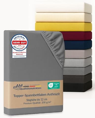 AM Qualitätsmatratzen Premium Spannbettlaken 70x220cm Topper (200gsm) in Anthrazit - Made in Germany - Oeko TEX zertifiziertes Topper Spannbettlaken 70x220 - Jersey Spannbettuch - Fitted Sheets