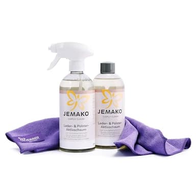 JEMAKO Leder- & Polster-Aktivschaum Set, 2 x 500 ml mit Schaumpumpe und Profituch Plus S, Reinigungsset für Glattleder und Textilpolster, pH-neutral