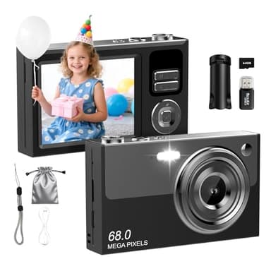 Digitalkamera 4K 64MP Fotokamera 16X Digitalzoom Kamera, Vlogging Fotoapparat Kompaktkamera mit 2,8" LED Bildschirm, 64G Micro Speicherkarte, 1 Akku für Kinder Teenager Studenten Anfänger-Schwarz