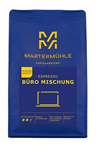 Martermühle Büro Mischung Espressobohnen 1 kg mittelkräftig | Arabica/Robusta | Aromen: Mandel, Schokolade | Ganze Espresso-Bohnen schonend geröstet, säurearm