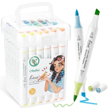 Ohuhu Marker Waschbar, 36 Farben geruchsarm mit Doppelspitze (Pinsel & Meißel) Alkohol Marker für Jungen & Mädchen zum Zeichnen, Skizzieren, Ausmalen, Illustration, Kalligraphieren, Schule - Kauai