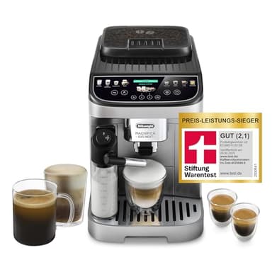 De’Longhi Magnifica Evo Next - Perfetto Kaffeevollautomat mit LatteCrema-Milchaufschäumer, 13 One-Touch-Getränke, Coffee- und Cappuccino Kaffeemaschine, farbiges Touch-Display, Silber (ECAM312.80.SB)