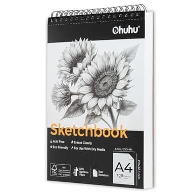 Ohuhu A4 Skizzenbuch aus Bambusfaser, 100 Blatt (200 Seiten) - Abriebfest & Radierfreundlich, Spiralbindung oben, 110 g/m² säurefrei, Zeichenblock für Bleistift, Buntstift, Kohle