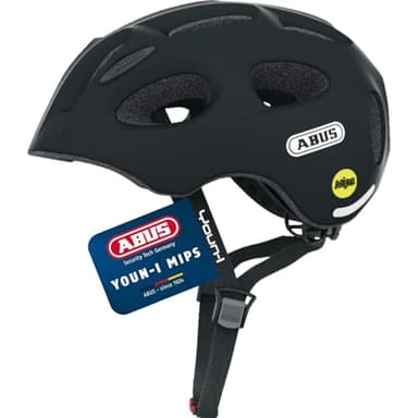 ABUS Kinderhelm Youn-I MIPS - Fahrradhelm mit Licht, Reflektoren und Aufprallschutz (MIPS) - für Mädchen und Jungen - Schwarz Matt, Größe M