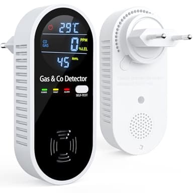 YOJOCK 4-in-1 Gas- und Kohlenmonoxid-Melder mit akustischem Alarm, CO Messgerät, Temperatur- & Feuchtigkeitssensor, Gaswarner, Selbsttest, für Wohnzimmer, Schlafzimmer, Keller, Garage, Büros und mehr