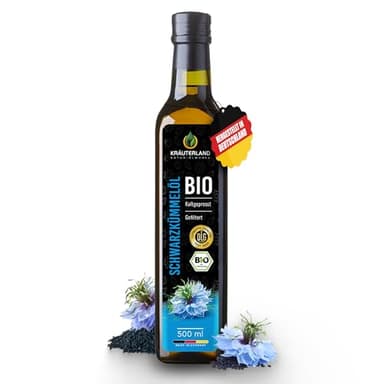 Kräuterland Bio Schwarzkümmelöl 500ml, gefiltert, ohne Zusatz von Aroma-, Farb- und Konservierungsstoffen, hoher Thymochinon, kaltgepresst, mühlenfrisch direkt aus unsrer hessischen Ölmühle
