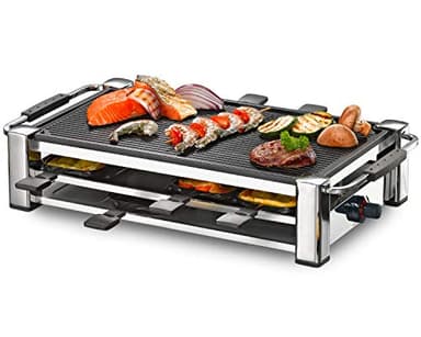 ROMMELSBACHER RCC 1500 Raclette-Grill (extra langes Kabel (2m), Tischgrill für 8 Personen, gerippte Alu-Druckguss-Grillplatte, Xylan Plus Antihaftbeschichtung, Parkdeck, 1500 W) chrom