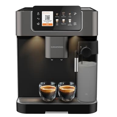 Grundig KVA 8230 Kaffeevollautomat, Kaffeemaschine, 18 Kaffeespezialitäten, 13 Mahlgrade, Milchbehälter, leistungsstark 1350 W, 19 Bar Pumpendruck, Zweifachdüse, Beleuchtung, Schwarz/Dunkelsilber