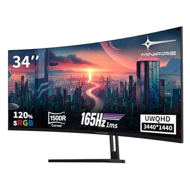 Minifire 34" UWQHD Curved Gaming Monitor 165Hz(DP),3440 x 1440, Curved 1500R,1ms(MPRT),Pip/PBP,FreeSync,HDR, 300nits, sRGB 125%, DCI-P3 95%,VA Panel,2xHDMI 2.1(TMDS) 1xDP 1.4 Ports MFG34C5Q