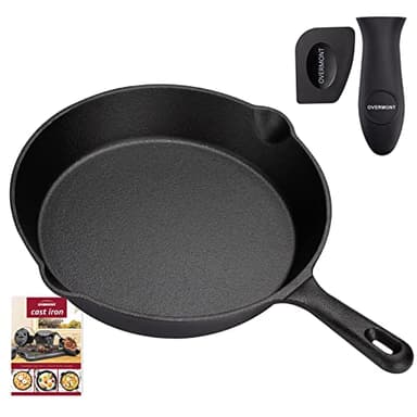 OVERMONT Grillpfanne Gusseisen mit Griff - Gusseisenpfanne 25CM- Voreingebrannte Steakpfannen Bratpfanne - Cast Iron Pan für Gasgrill Backofen Kohlegrill