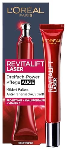 L'Oréal Paris Anti-Aging-Augenpflege mit Dreifachpower für Frauen: für gemilderte Falten, reduzierte Tränensäcke, straffere Haut mit Pro-Retinol, Vitamin C und Hyaluronsäure, RevitaLift Laser, 15ml