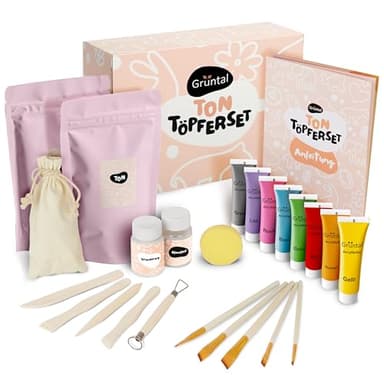 Grüntal Ton Töpferset mit lufttrocknendem Ton - Tonset für Zuhause mit Modellierwerkzeug, Acrylfarben & weiterem Zubehör - Töpfern leicht gemacht, für Erwachsene oder die ganze Familie