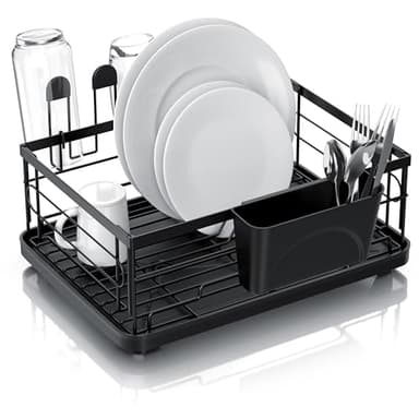Arendo - Abtropfgestell Geschirr - Geschirrständer groß – mit 4 Fach Glashalter – Abtropfschale mit 360° Ablauf – Besteckhalter - für Teller Schalen Tassen Töpfe