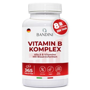 Bandini® Vitamin B Komplex Hochdosiert, 365 Tabletten für 12 Monate, B-Komplex mit alle 8 B-Vitamine B1, B2, B3, B5, B6, B7, B9, B12, Nervensystem, Stoffwechsel, Psychische Funktion, GVO-frei, Vegan