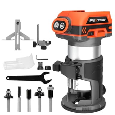 Fexrror Akku Oberfräse für Makita 18V, Brushless Akku Kantenfräse mit 3 Spannzangen (1/4", 6 mm und 8 mm), 30.000 U/min, 5 Fräser (no Akku)